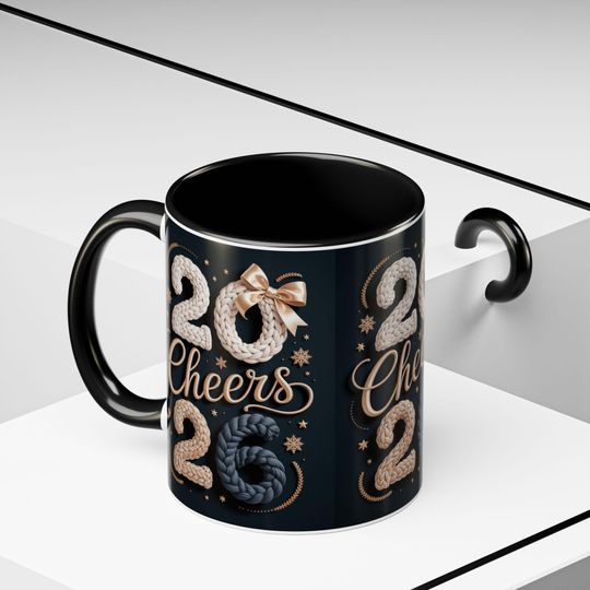 Cheers 2026 New Year Mug, Cozy Knit Style, Ceramic Coffee Cup