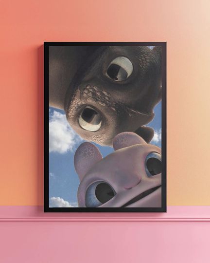 Toothless & Light Fury Poster, How to Train Your Dragon Wall Art, Night Fury Poster, Cute Dragon Cartoon Decor