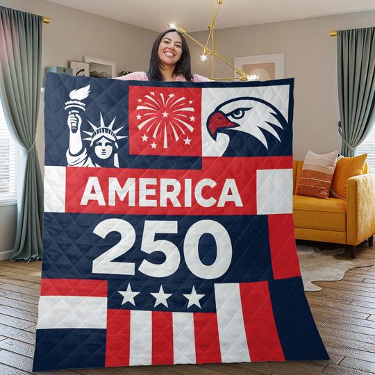 America 250 Patriotic Quilt Blanket, 250th Anniversary USA Throw, Independence Day Eagle Fireworks Decor Gift