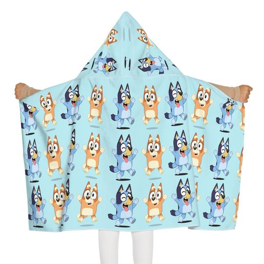 Blue Dog Cartoon Pattern Youth Hooded Towel | Kids Beach Towel, Bath Wrap