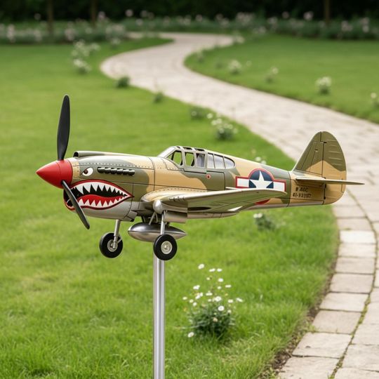 Shark Mouth Metal Wind Spinner, Airplane Yard Art, Garden Whirligig