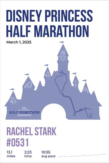 Disney Princess Half Custom Map Poster | Personalized Print Name Bib Pace & Time