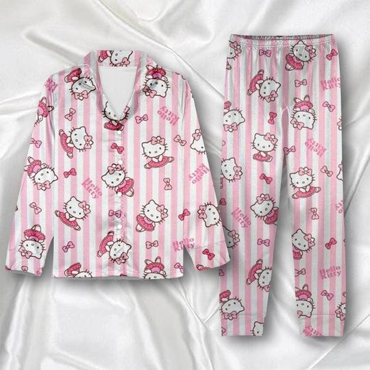 Hello Kitty Pajamas Set, Cute Kitty Pajamas For Women, Kitty And Friends Holiday Pajamas, Valentine Gift, Pink Kitty Pajamas For Party