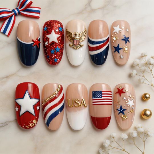 Press-On Nails Patriotic USA Stars Stripes Gift for Her