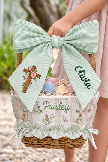 Personalized Easter Basket Bow With Embroidered Name, Monogrammed Seersucker Easter Basket Bow, Bunny Baskets Bow With Name Or Monogram