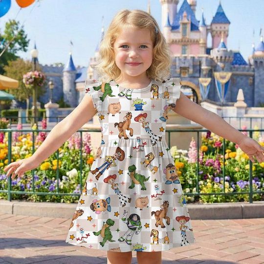 Playful Toy Story Print Ruffle Dress, Toy Story Woody Buzz Outfit, Pixar Fest Costume, Birthday Gift Toddler Girl Trip
