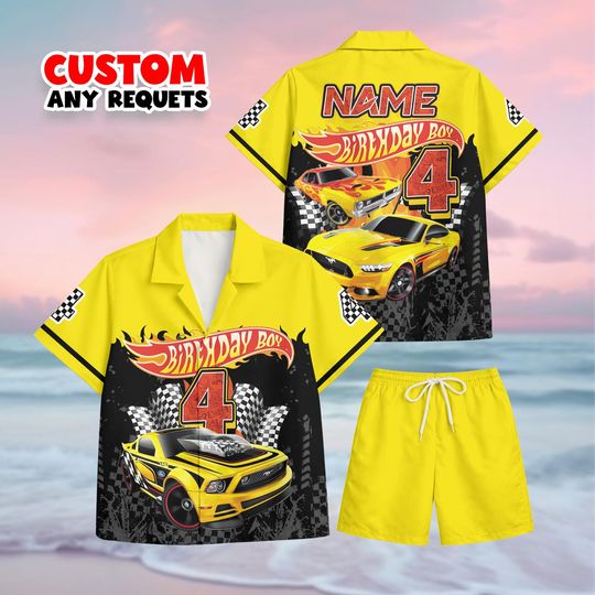 Hot Wheels Style Birthday Outfit Boy Hawaiian Shirt And Shorts Set Custom Name Age Race Car Kids Personalized Gift