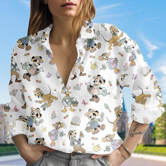 Disney Epcot International Flower and Garden Festival Blouse Shirt, Figment Dragon Gardener Linen-Look Shirt, Disney Trip Shirt
