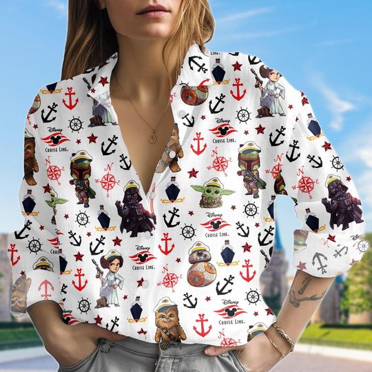 Grogu BB8 Darth Vader Cruise Linen-Look Shirt, Disney Star Wars Cruise Casual Blouse Shirt, Disney Cruise Trip Shirt, Blouse Women Shirt