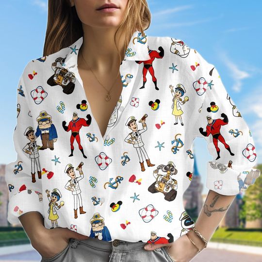 Disney Pixar Cruise Linen-Look Shirt, Wall E Toy Story Casual Blouse Shirt, Disney Cruise Trip Casual Shirt, Disneyland Trip Shirt