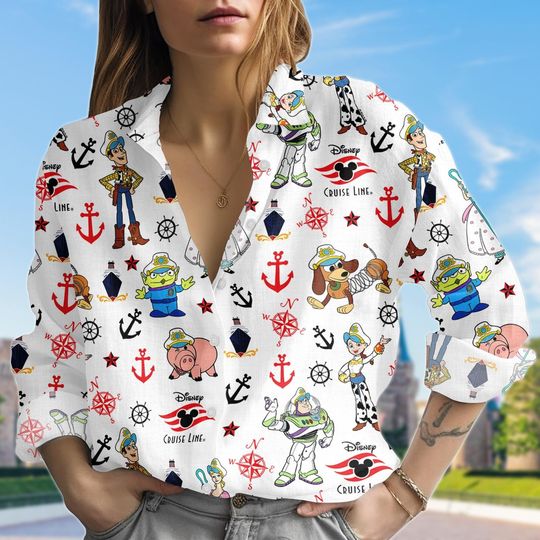 Disney Toy Story Cruise Linen-Look Shirt, Buzz Woody Jessie Cruise Trip Casual Blouse Shirt, Disney Cruise Trip Shirt, Gift For Her