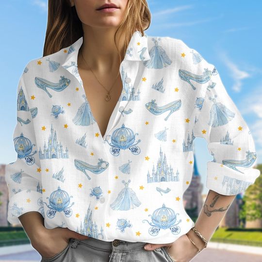 Meet me at Midnight Linen-Look Shirt, Cinde Blouse Shirt, Disney Cinde Casual Shirt, Disney Girls Trip Shirt