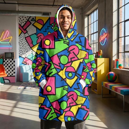 Neon Memphis Clash Blanket Hoodie Oversized Sherpa Wearable Blanket