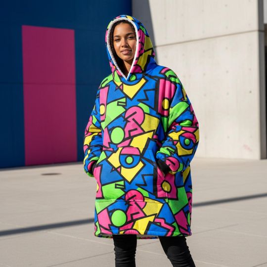 Neon Memphis Clash Blanket Hoodie Oversized Sherpa Wearable Blanket