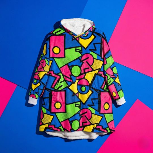 Neon Memphis Clash Blanket Hoodie Oversized Sherpa Wearable Blanket