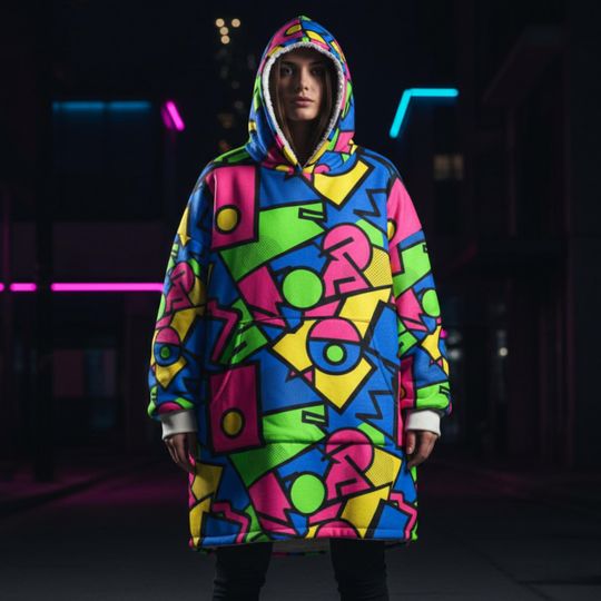 Neon Memphis Clash Blanket Hoodie Oversized Sherpa Wearable Blanket