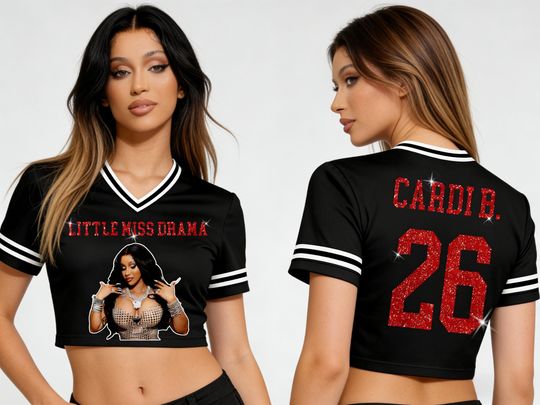 Cardi B Inspired Little Miss Drama Crop Jersey Shirt, Custom Fake Sequin Text Football Top, Am I The Drama Concert Outfit Fan Apparel for Women