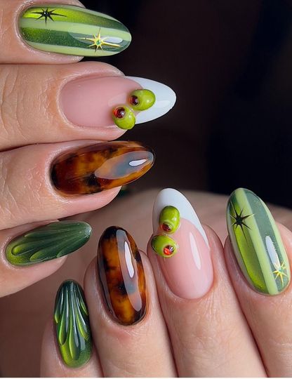 Olive Martini Nail Design, Green Abstract Nails with 3D Art, Trendy Statement Nails