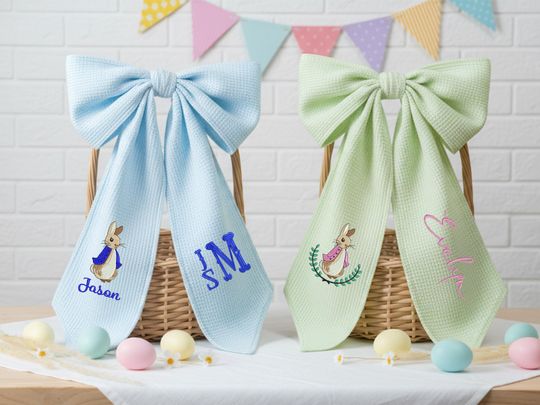 Personalized Easter Basket Bow with Name, Embroidered Bunny Bow, Custom Easter Basket Decor for Kids