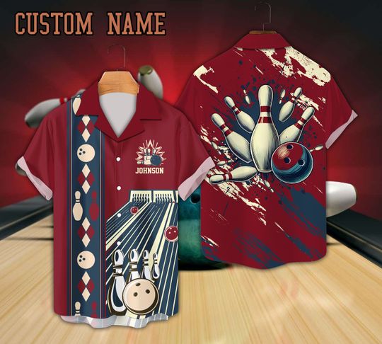 Personalized Bowling Hawaiian Shirt, Custom Name Bowling Button Down Shirt, Retro Bowling Lover Gift For Bowler, Matching Bowling Team Shirt