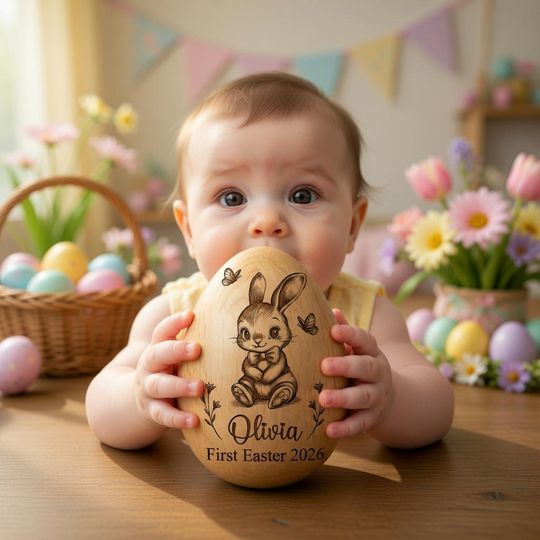 Personalized Musical Wooden Easter Egg Shakers, Custom Egg Cups, Engraved Egg Shaker Kids, Easter Gifts, Baby First Easter