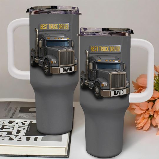 Personalized Truck Driver 40oz Tumbler With Handle, Custom Name Best Truck Driver Gift, Semi Truck Cup For Dad Husband, Trucker Appreciation