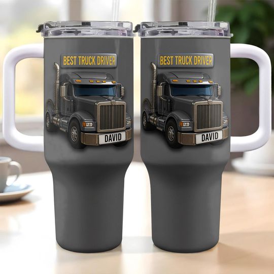 Personalized Truck Driver 40oz Tumbler With Handle, Custom Name Best Truck Driver Gift, Semi Truck Cup For Dad Husband, Trucker Appreciation
