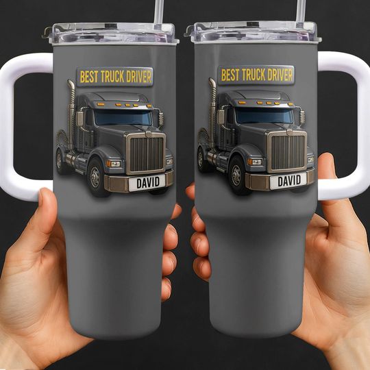 Personalized Truck Driver 40oz Tumbler With Handle, Custom Name Best Truck Driver Gift, Semi Truck Cup For Dad Husband, Trucker Appreciation