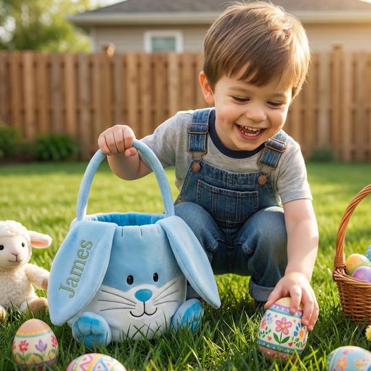 Personalized Blue Easter Basket Boy, Custom Name Bunny Bucket 2026, Embroidered Plush Bag for Son, Soft Egg Hunt Tote for Toddler