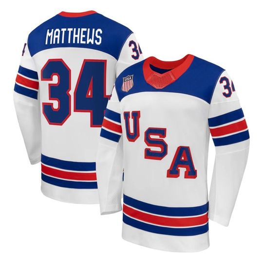 Men's #34 Matthews Hockey Jersey - USA 2026 Winter White Shirt