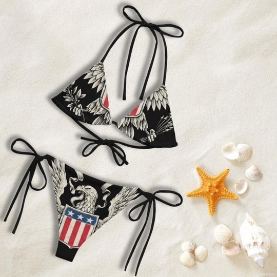 Patriotic Matching Couple Swimwear, Vintage Eagle Shield Print Bikini and Swim Trunks, Ideal Gift for Anniversary & Vacation