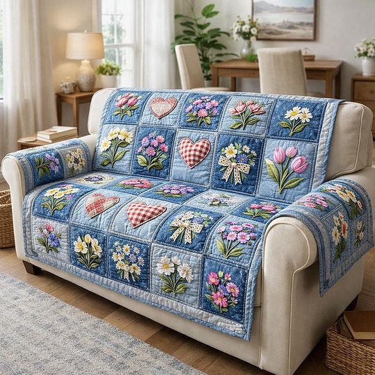 Floral Patchwork Sofa Cover Print On Demand, Cottagecore Couch Protector, Spring Flower Quilt Throw, Farmhouse Living Room Decor