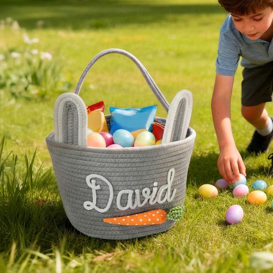 Personalized Carrot Bunny Ears Reusable Easter Basket with Name Egg Hunting Accessories Tote Bag Cute Easter Gift for Boys Girls Kids
