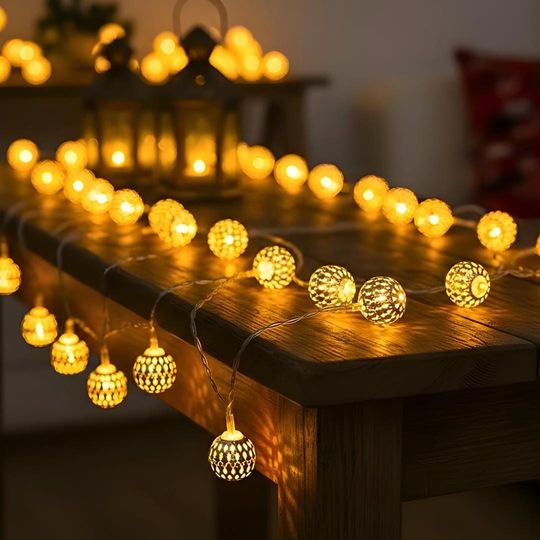 Moroccan Gold Globe LED String Lights | Battery Fairy Garland for Wedding, Home & Ramadan Decor