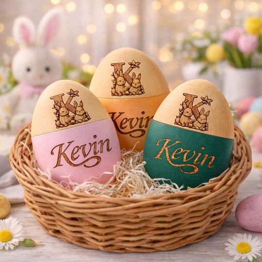 Custom Wooden Easter Egg  Personalized Name Engraved Egg, Bunny Letter Decor, Easter Basket Gift