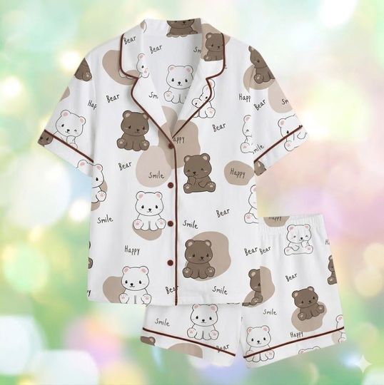 Women's Bear Print Pajama Set, Short Sleeve Button Down Sleepwear