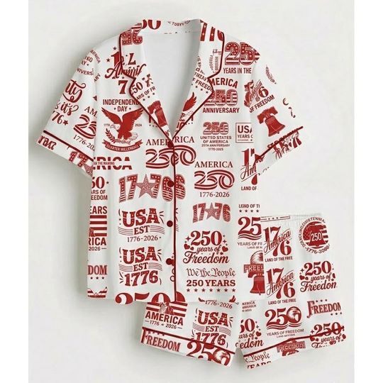 USA 250th Anniversary Pajama Set 1776 - 2026  Patriotic Stars Sleepwear Lounge Women