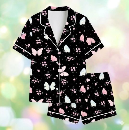 Butterfly Floral Pajama Set Women, Short Sleeve Sleepwear