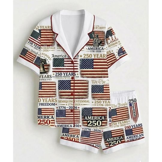 USA 250th Anniversary Pajama Set 1776 - 2026  Patriotic Stars Sleepwear Lounge Women