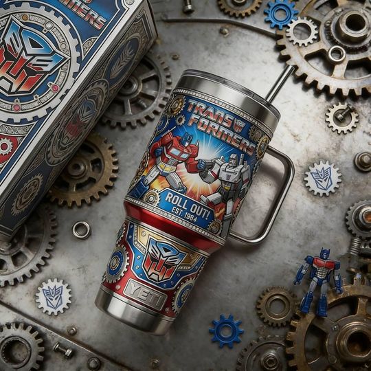 40oz Stainless Steel Tumbler with Handle, Adorned with Printed Sci-Fi Robot & Intricate Mechanical Mech Patterns
