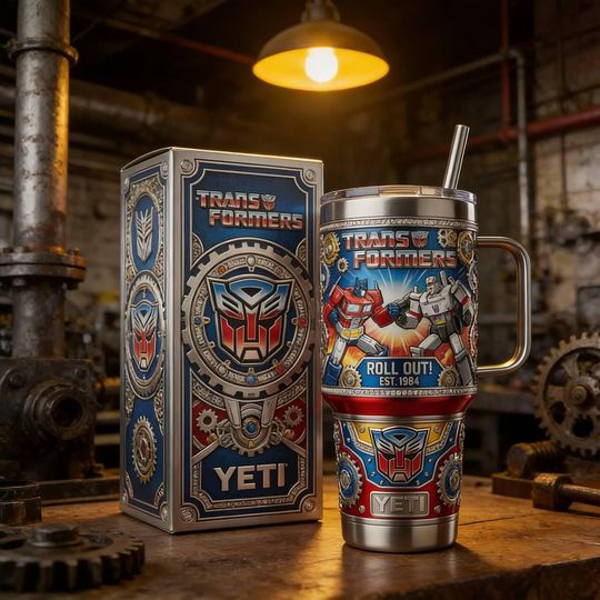 40oz Stainless Steel Tumbler with Handle, Adorned with Printed Sci-Fi Robot & Intricate Mechanical Mech Patterns
