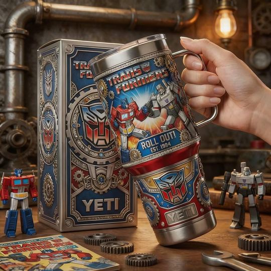 40oz Stainless Steel Tumbler with Handle, Adorned with Printed Sci-Fi Robot & Intricate Mechanical Mech Patterns