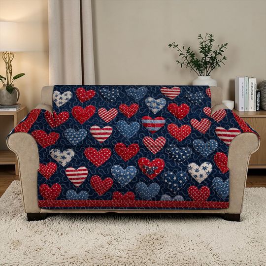 Quilted Sofa Cover American Hearts Pattern, Luxury Sofa Cover Patriotic Furniture Protector, Sofa Seat Cover Country Style Red White Blue