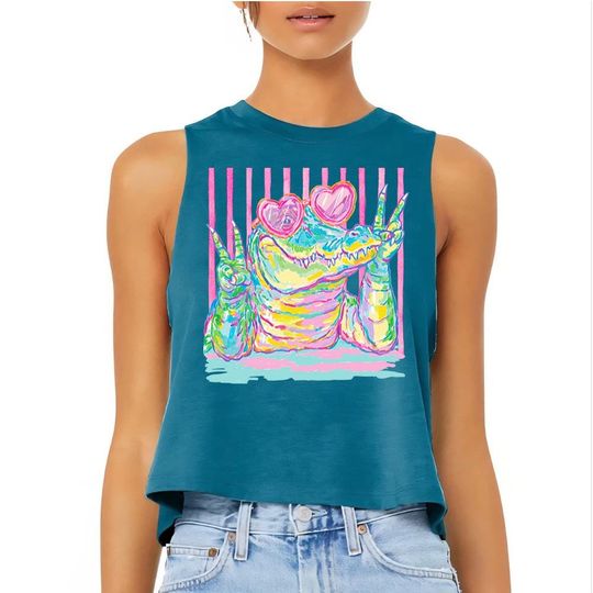 Crocodile Striped - Crop Racerback Tank, Coastal Summer Vacation Shirt, Preppy Seaside Beach Tee, Cute Maximalist Bech Tee, Brunch shirt