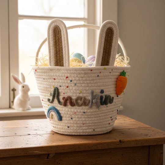 Personalized Easter Basket 2026 | Custom Name Bunny Rope Basket for Kids | Baby First Easter Egg Hunt Gift | Toddler Toy Storage Bin