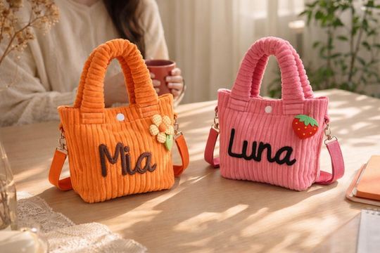 Custom Name Corduroy Crossbody, Embroidered Kids Shoulder Bag