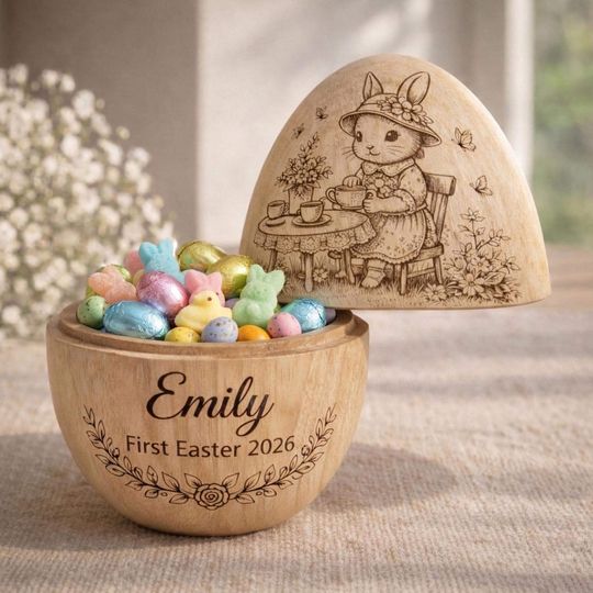Custom Hollow Wooden Easter Egg, Custom Engraved Bunny Egg Box, Baby First Easter Gift 2026, Natural Wood Keepsake Basket Gifts