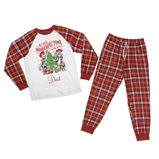 Personalized Christmas Disney Monogrammed Pjs, Funny Xmas Plaid Pjs, Custom Name Xmas