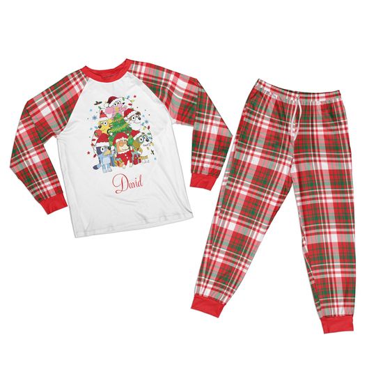 Personalized Christmas Disney Monogrammed Pjs, Funny Xmas Plaid Pjs, Custom Name Xmas
