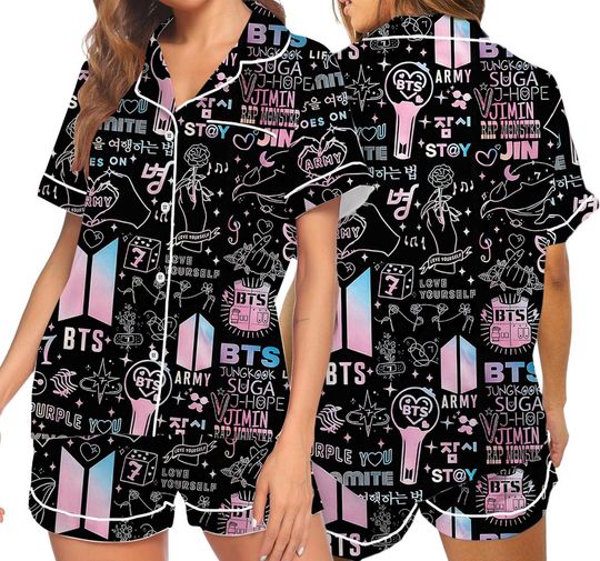 Bangtan BTS BT21 Inspired Pajama Set For Women, Kpop Cartoon Sleepwear, ARMY Cute Character Shorts PJs, BTS Fan Gift